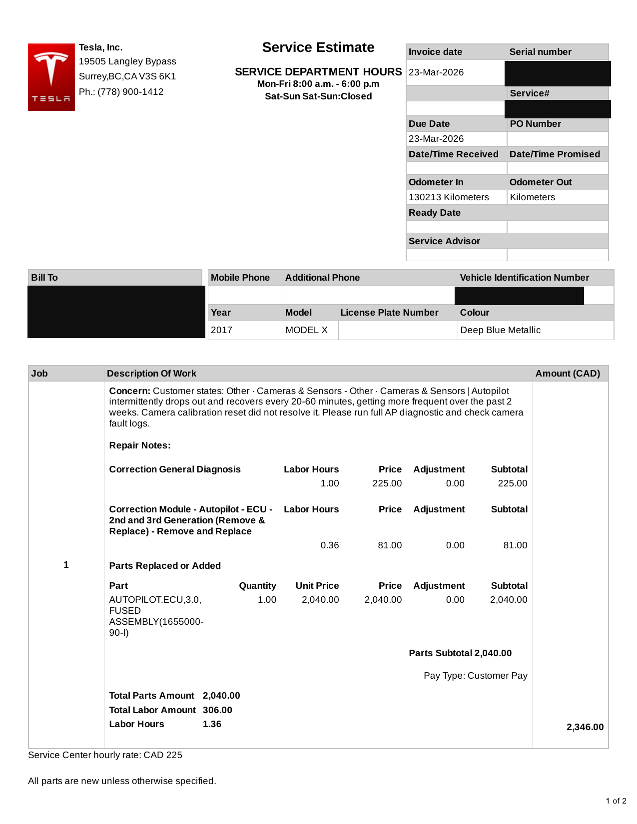 Tesla Service Estimate dated 23-Mar-2026 for a 2017 Model X: Autopilot ECU (3.0) remove-and-replace, CAD $2,040 parts plus labour, CAD $2,346 total; personal details redacted