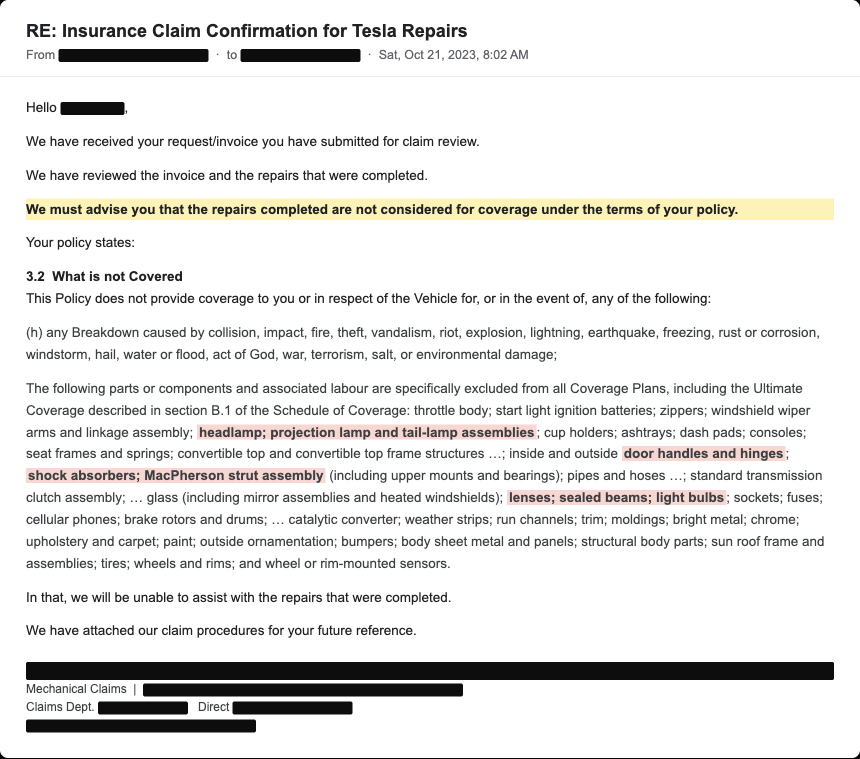 Redacted mechanical breakdown insurance denial showing the section 3.2 exclusions list, with headlights and suspension called out as not covered