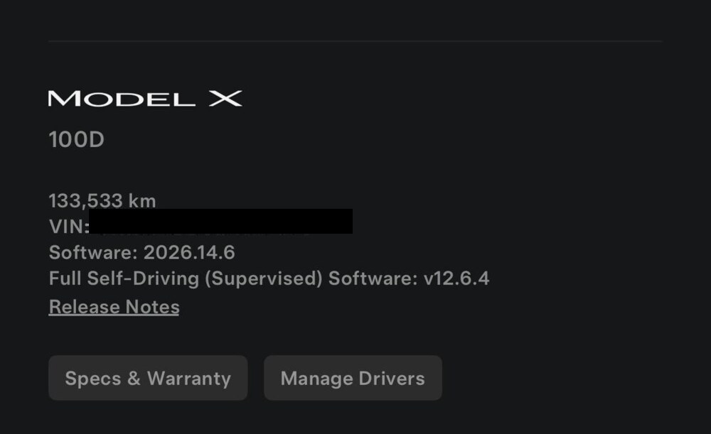 Tesla app software page for the 2017 Model X 100D, showing HW3 (&ldquo;Full Self-Driving Computer 3&rdquo;), vehicle software 2026.14.6, and FSD v12.6.4
