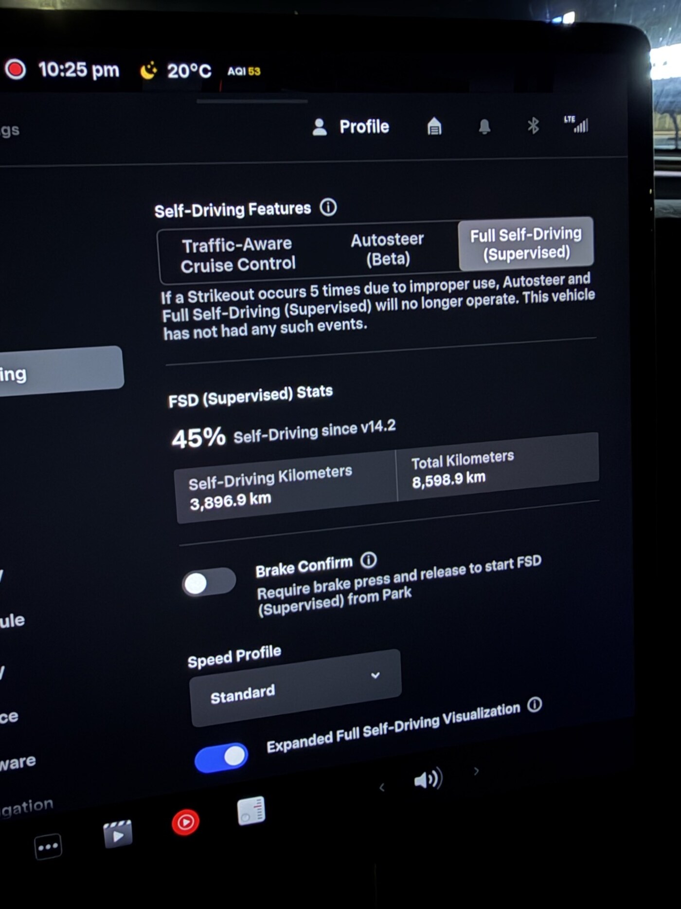 Model Y FSD (Supervised) stats screen: 45% self-driving since v14.2, 3,896.9 self-driving km of 8,598.9 km total, no strikeouts